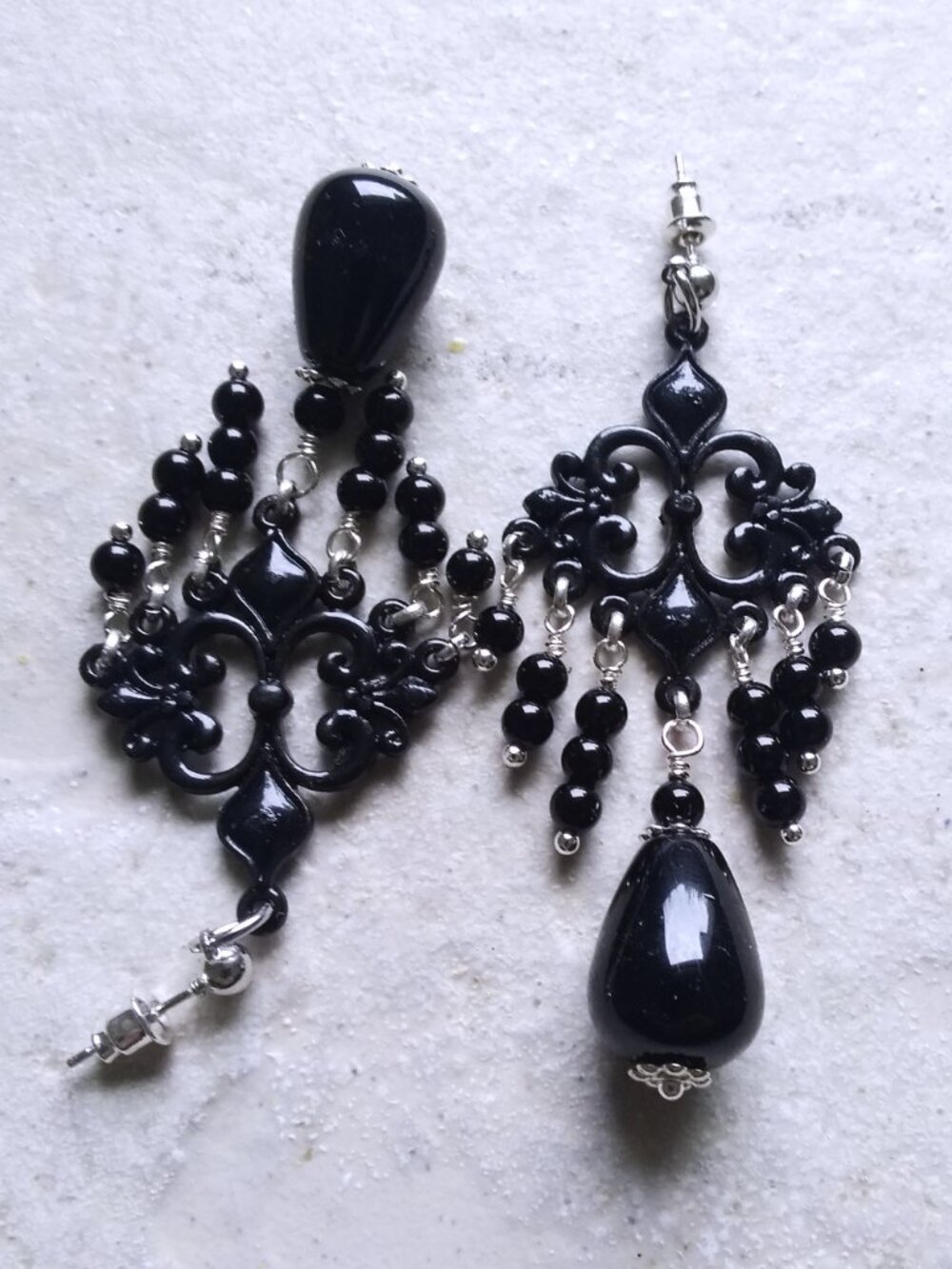 Devastatingly Sexy! Ornate & Opulent Black Onyx Chandelier Earrings - Edgy Goth! - Picture 3 of 10